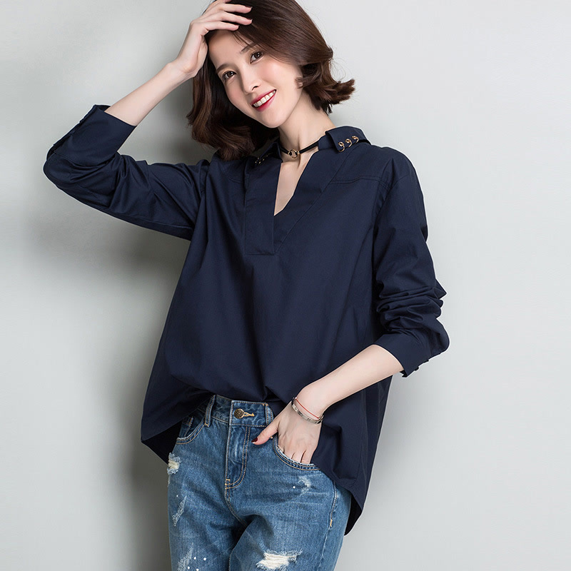 新款韩版女式纯色V领衬衫修身百搭薄款女装
