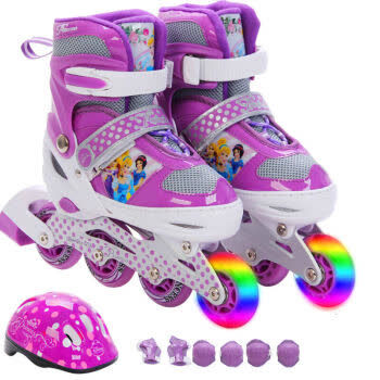 迪士尼公主 儿童溜冰鞋男女可调闪光 紫色