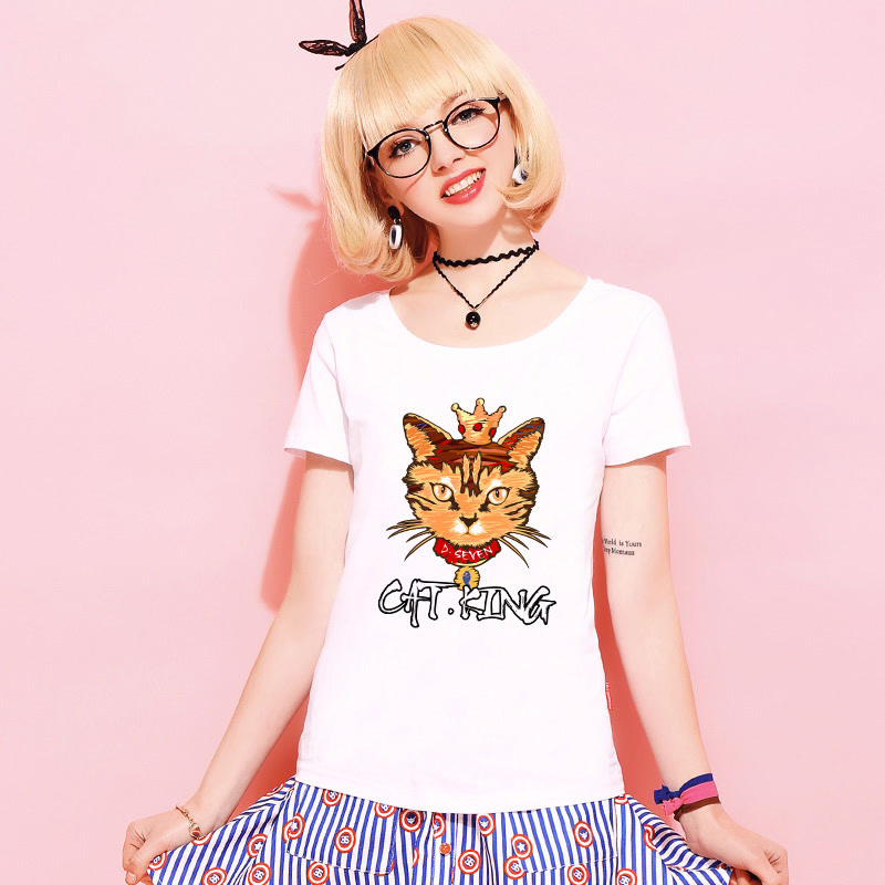 第七公社 短袖t恤女宽松韩版学生新款猫王印花个性百搭打底衫