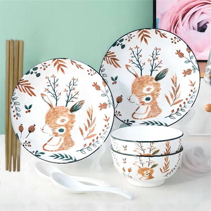 知本熊日式森林小鹿8件套餐具陶瓷碗2盘2碗2勺2筷